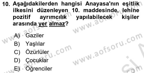 Türk Anayasa Hukuku Dersi Ara Sınavı Deneme Sınav Soruları 10. Soru