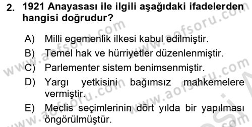 Türk Anayasa Hukuku Dersi Ara Sınavı Deneme Sınav Soruları 2. Soru