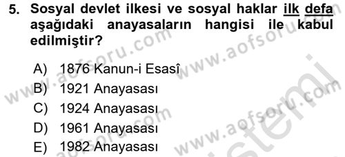 Türk Anayasa Hukuku Dersi Ara Sınavı Deneme Sınav Soruları 5. Soru