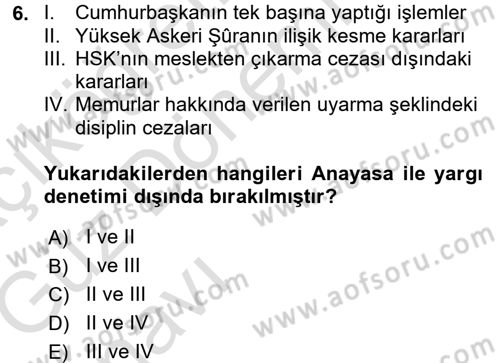 Türk Anayasa Hukuku Dersi Ara Sınavı Deneme Sınav Soruları 6. Soru