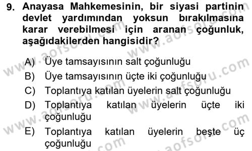 Türk Anayasa Hukuku Dersi 2017 - 2018 Yılı (Vize) Ara Sınav Soruları 9. Soru