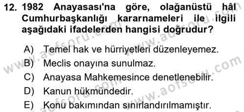 Türk Anayasa Hukuku Dersi 2018 - 2019 Yılı 3 Ders Sınav Soruları 12. Soru