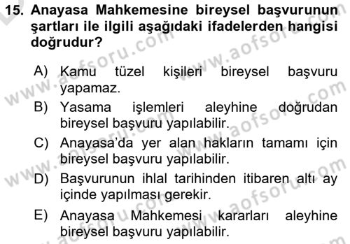 Türk Anayasa Hukuku Dersi 2018 - 2019 Yılı 3 Ders Sınav Soruları 15. Soru