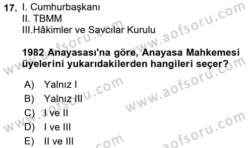 Türk Anayasa Hukuku Dersi 2018 - 2019 Yılı 3 Ders Sınav Soruları 17. Soru