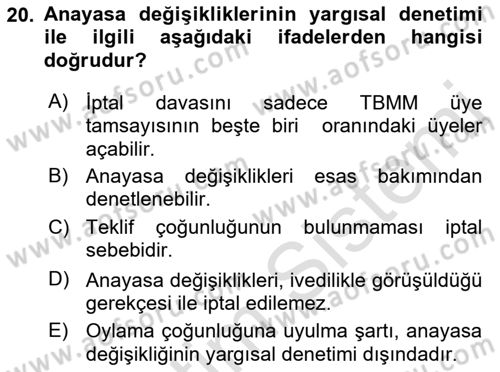 Türk Anayasa Hukuku Dersi 2018 - 2019 Yılı 3 Ders Sınav Soruları 20. Soru
