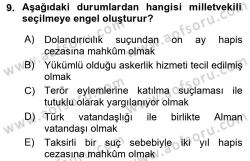 Türk Anayasa Hukuku Dersi 2018 - 2019 Yılı 3 Ders Sınav Soruları 9. Soru
