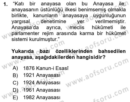 Türk Anayasa Hukuku Dersi Ara Sınavı Deneme Sınav Soruları 1. Soru
