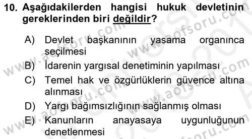 Türk Anayasa Hukuku Dersi Ara Sınavı Deneme Sınav Soruları 10. Soru