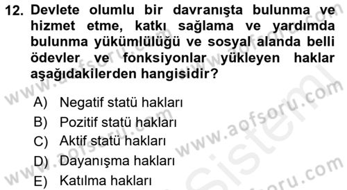 Türk Anayasa Hukuku Dersi Ara Sınavı Deneme Sınav Soruları 12. Soru