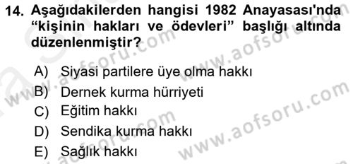 Türk Anayasa Hukuku Dersi Ara Sınavı Deneme Sınav Soruları 14. Soru