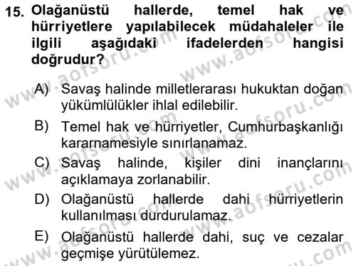 Türk Anayasa Hukuku Dersi Ara Sınavı Deneme Sınav Soruları 15. Soru