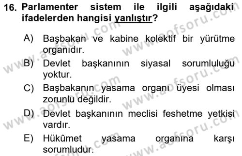 Türk Anayasa Hukuku Dersi Ara Sınavı Deneme Sınav Soruları 16. Soru
