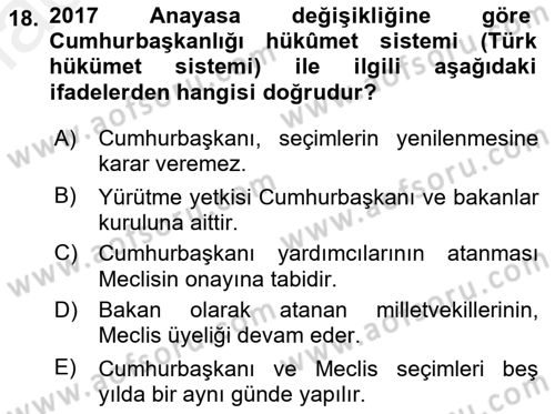 Türk Anayasa Hukuku Dersi Ara Sınavı Deneme Sınav Soruları 18. Soru