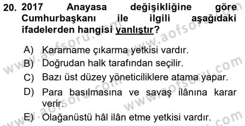 Türk Anayasa Hukuku Dersi Ara Sınavı Deneme Sınav Soruları 20. Soru