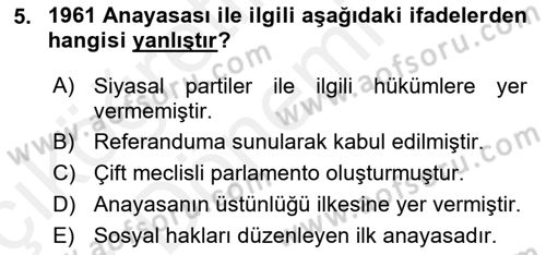 Türk Anayasa Hukuku Dersi Ara Sınavı Deneme Sınav Soruları 5. Soru