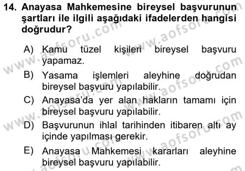 Türk Anayasa Hukuku Dersi 2018 - 2019 Yılı (Final) Dönem Sonu Sınav Soruları 14. Soru