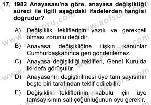 Türk Anayasa Hukuku Dersi 2018 - 2019 Yılı (Final) Dönem Sonu Sınav Soruları 17. Soru