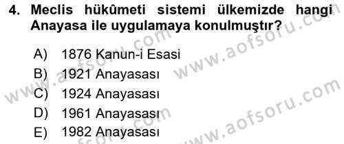 Türk Anayasa Hukuku Dersi 2018 - 2019 Yılı (Final) Dönem Sonu Sınav Soruları 4. Soru