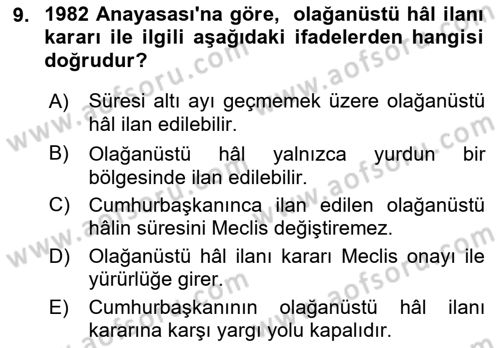 Türk Anayasa Hukuku Dersi 2018 - 2019 Yılı (Final) Dönem Sonu Sınav Soruları 9. Soru