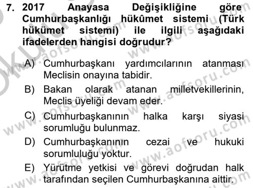 Türk Anayasa Hukuku Dersi 2018 - 2019 Yılı Yaz Okulu Sınav Soruları 7. Soru
