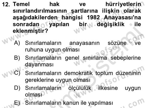 Türk Anayasa Hukuku Dersi 2019 - 2020 Yılı (Vize) Ara Sınavı 12. Soru