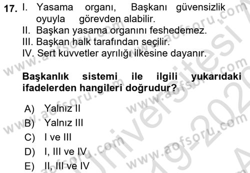 Türk Anayasa Hukuku Dersi 2019 - 2020 Yılı (Vize) Ara Sınav Soruları 17. Soru