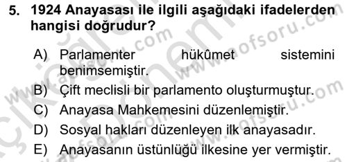 Türk Anayasa Hukuku Dersi 2019 - 2020 Yılı (Vize) Ara Sınav Soruları 5. Soru