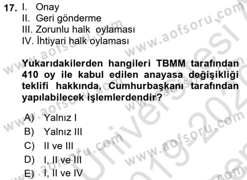 Türk Anayasa Hukuku Dersi 2019 - 2020 Yılı (Final) Dönem Sonu Sınav Soruları 17. Soru