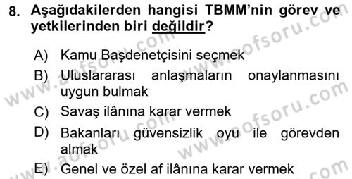 Türk Anayasa Hukuku Dersi 2019 - 2020 Yılı (Final) Dönem Sonu Sınav Soruları 8. Soru