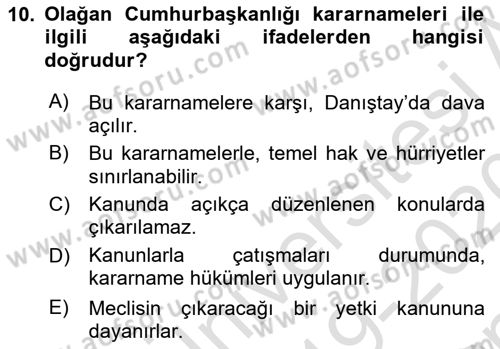Türk Anayasa Hukuku Dersi 2019 - 2020 Yılı Yaz Okulu Sınav Soruları 10. Soru