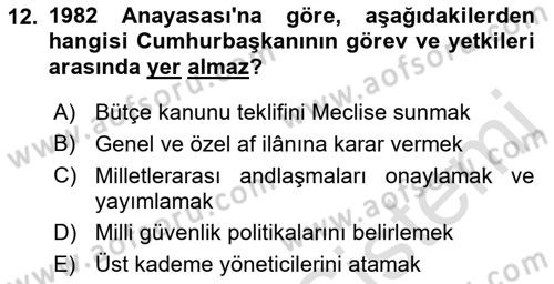 Türk Anayasa Hukuku Dersi 2019 - 2020 Yılı Yaz Okulu Sınav Soruları 12. Soru