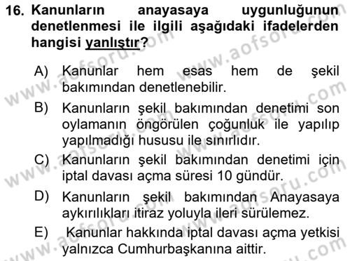 Türk Anayasa Hukuku Dersi 2019 - 2020 Yılı Yaz Okulu Sınav Soruları 16. Soru