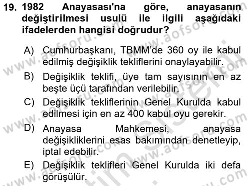 Türk Anayasa Hukuku Dersi 2019 - 2020 Yılı Yaz Okulu Sınav Soruları 19. Soru