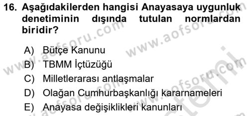 Türk Anayasa Hukuku Dersi 2020 - 2021 Yılı Yaz Okulu Sınav Soruları 16. Soru
