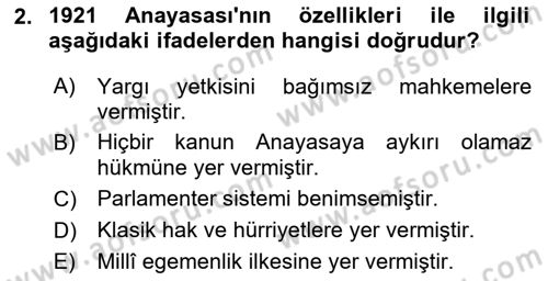 Türk Anayasa Hukuku Dersi 2020 - 2021 Yılı Yaz Okulu Sınav Soruları 2. Soru