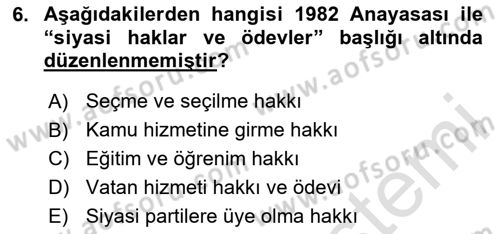 Türk Anayasa Hukuku Dersi 2020 - 2021 Yılı Yaz Okulu Sınav Soruları 6. Soru
