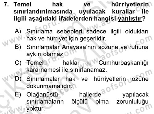 Türk Anayasa Hukuku Dersi 2020 - 2021 Yılı Yaz Okulu Sınav Soruları 7. Soru