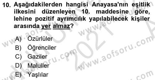 Türk Anayasa Hukuku Dersi 2021 - 2022 Yılı (Vize) Ara Sınav Soruları 10. Soru