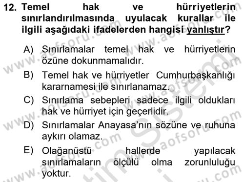 Türk Anayasa Hukuku Dersi Ara Sınavı Deneme Sınav Soruları 12. Soru