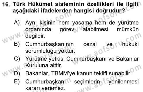 Türk Anayasa Hukuku Dersi Ara Sınavı Deneme Sınav Soruları 16. Soru