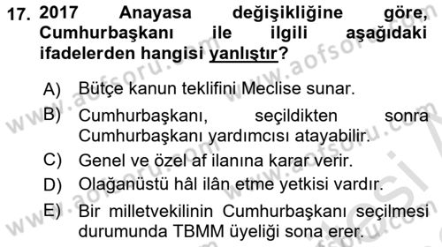 Türk Anayasa Hukuku Dersi 2021 - 2022 Yılı (Vize) Ara Sınav Soruları 17. Soru