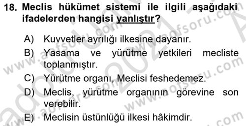 Türk Anayasa Hukuku Dersi Ara Sınavı Deneme Sınav Soruları 18. Soru