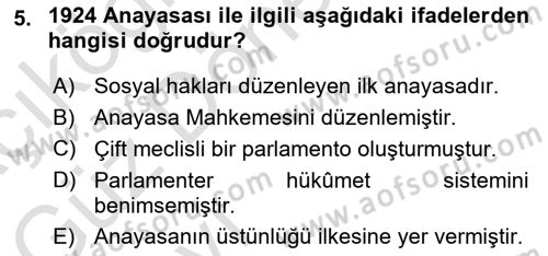 Türk Anayasa Hukuku Dersi Ara Sınavı Deneme Sınav Soruları 5. Soru
