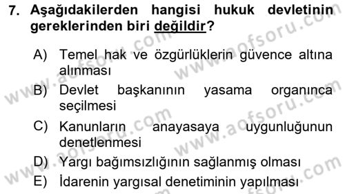 Türk Anayasa Hukuku Dersi 2021 - 2022 Yılı (Vize) Ara Sınav Soruları 7. Soru