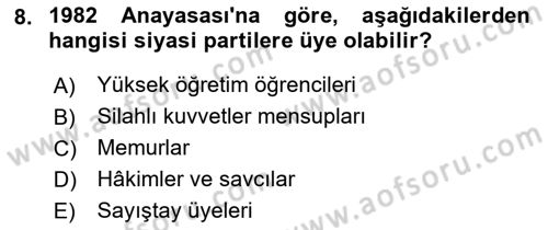 Türk Anayasa Hukuku Dersi Ara Sınavı Deneme Sınav Soruları 8. Soru