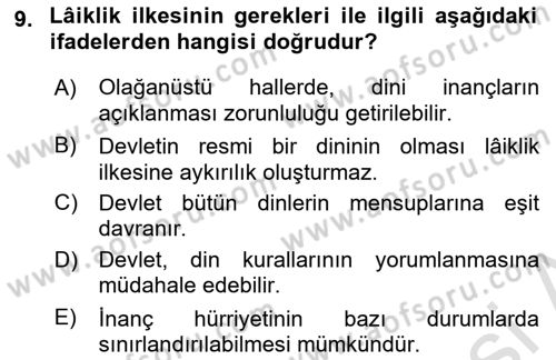 Türk Anayasa Hukuku Dersi Ara Sınavı Deneme Sınav Soruları 9. Soru