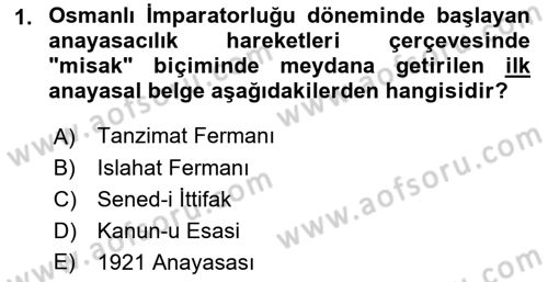 Türk Anayasa Hukuku Dersi 2021 - 2022 Yılı (Final) Dönem Sonu Sınavı 1. Soru