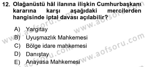 Türk Anayasa Hukuku Dersi 2021 - 2022 Yılı (Final) Dönem Sonu Sınavı 12. Soru