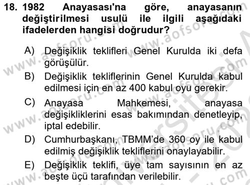 Türk Anayasa Hukuku Dersi 2021 - 2022 Yılı (Final) Dönem Sonu Sınavı 18. Soru