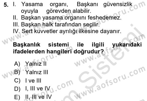 Türk Anayasa Hukuku Dersi 2021 - 2022 Yılı (Final) Dönem Sonu Sınavı 5. Soru